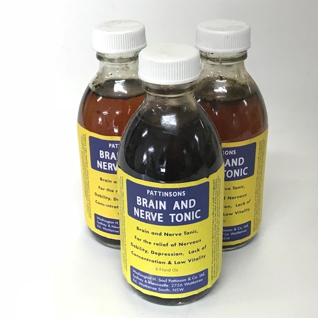 BOTTLE, Medical Brown Glass 15cmH - Brain and Nerve Tonic Label